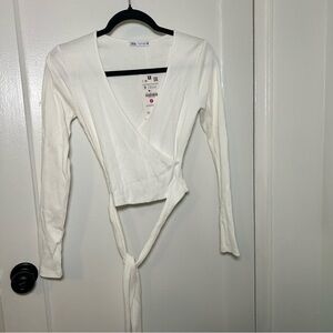 Zara White Ribbed Wrap Longsleeve shirt